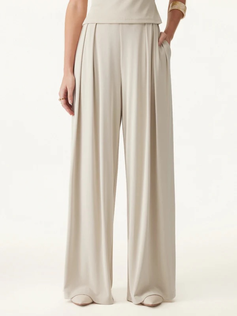 NWT OGL Sandwashed Mid Rise Pleated Wide Leg Palazzo Pants with Pockets in cream